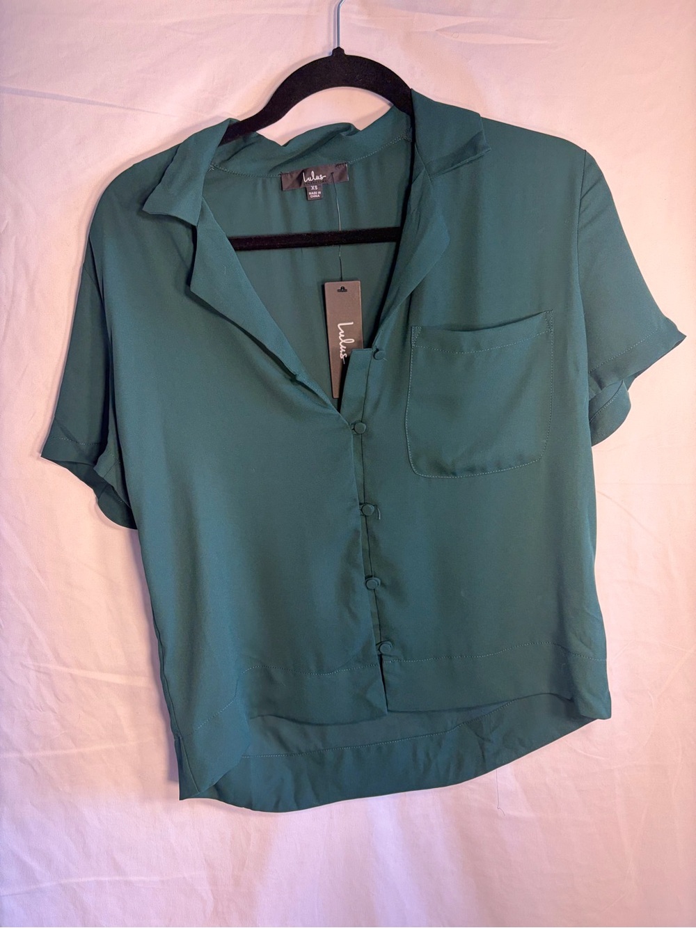 Lulu's Teal Short-Sleeve Button-Front Pocket Blouse